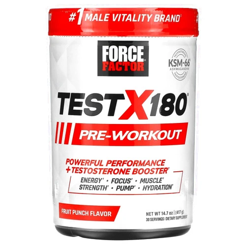 FORCE FACTOR Test X180 Pre-Workout Powder & Energy Supplement, Boost Focus & Endurance, Build Muscle & Strength, Nitric Oxide Supplement with Ashwagandaha & L-Citrulline, Fruit Punch, 30 Servings