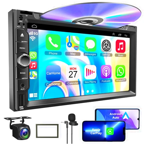 Adapter-Universe Double Din car Stereo with CD/DVD Player- CarPlay & Android Auto, Car Audio with Bluetooth, 7 Inch HD Touchscreen, Rear Camera, USB/TF/AUX, Subwoofer, AM/FM Radio Receiver
