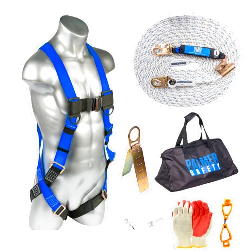 Palmer Safety Fall Arrest Roofing Duffle Bag Kit I Full-Body Harness, 50' Vertical Rope & Anchor Set I OSHA & ANSI COMPLIANT