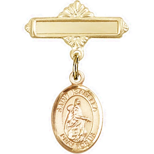Bonyak Jewelry Saint Medal Collection Gold Filled Baby Badge with St. Isabella of Portugal Charm and Polished Badge Pin 1 X 5/8 inches
