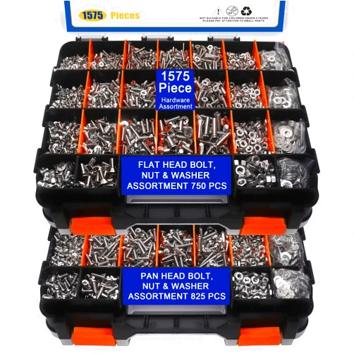 BUSY-CORNER 1575 PCS Nuts and Bolts Assortment Kit, Stainless Steel Phillips Pan Head & Flat Head Screws, Assorted Nuts Bolts Washers with Orange Double Sided Organizer Box
