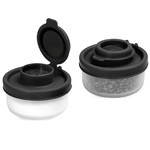 SIGNORA WARE SIGNORAWARE Salt and Pepper Shakers Moisture Proof Set of 2 Small Mini Salt Shaker to go Camping Picnic Outdoors Kitchen Lunch Boxes Travel Spice set Clear with Black Covers Plastic Airtight Dispenser