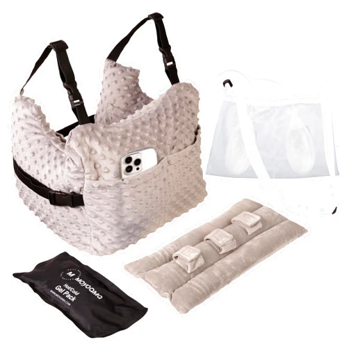 MOYOAMA Bundle Grey Swiss Dots with Shower Bag: Mastectomy Pillow IR Design with Coldpack, Shower Bag, and Seatbelt Pillow
