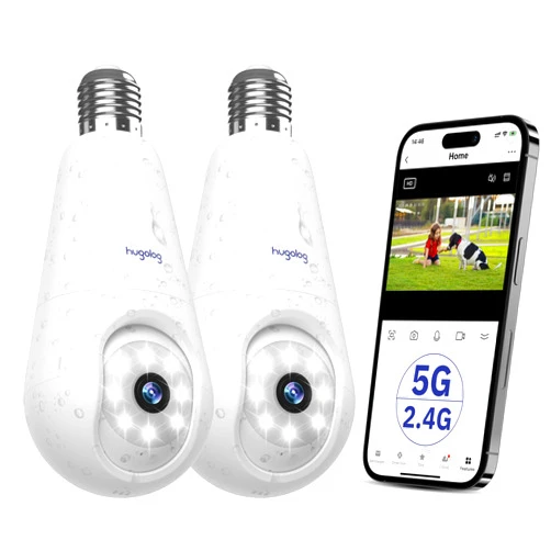 Hugolog 2K 3MP Light Bulb Security Camera 5G& 2.4GHz WiFi, 360° Wireless Outdoor Indoor Camera for Home, Motion Detection, Two-Way Talk, Color Night Vision, Siren Alarm, Compatible with Alexa(2 Pack)
