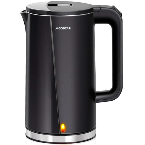 Aigostar Electric Kettle, 1.7L Double Wall 304 Stainless Steel Interior Hot Water Boiler Heater, Cool Touch Electric Tea Kettle, 1500W Fast Boiling, Auto Shut-Off, Boil Dry Protection, BPA-Free, Black