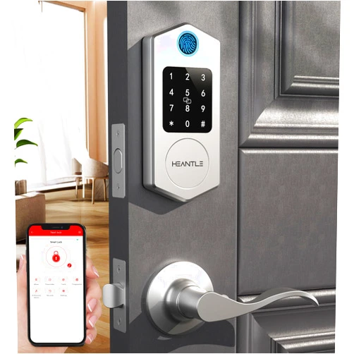 HEANTLE Smart Front Door Lock Set, 8-in-1 Fingerprint Keyless Entry Door Lock with App Control, Electronic Touchscreen Keypad Deadbolt with 2 Lever Handles, Auto Lock,Easy Installation, Silver