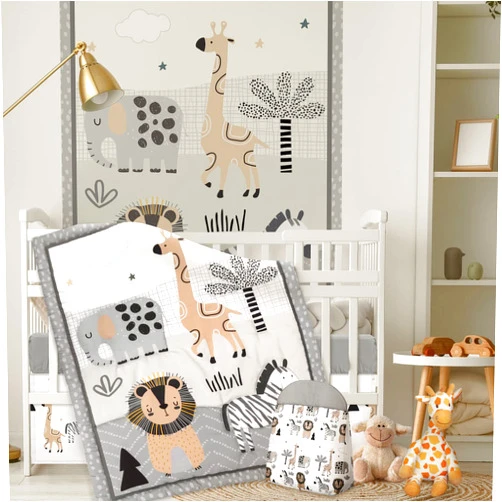 Oudain 4 Piece Woodland Forest Animals Crib Bedding Set, Including Jungle Safari Crib Skirt, Blanket, Crib Sheet and Diaper Stacker, Soft Neutral Nursery Standard Size Baby Bedding for Baby Girls and Boys