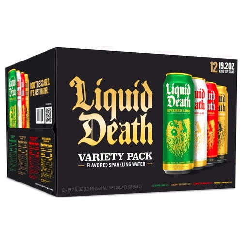 Liquid Death Soda-Flavored Sparkling Water Variety 12-Pack (19.2oz Cans) (Severed Lime, Mango Chainsaw, Convicted Melon, Cherry Obituary)