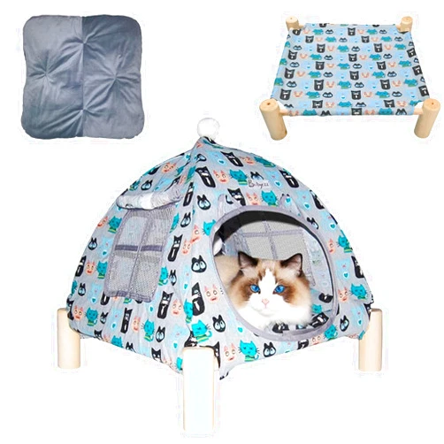 Babyezz 2-in-1 Cat Bed Tent Wooden Frame Cat Tent Cat Hammock, Removable Wooden Cat Raise Indoor Outdoor Bed, Portable Indoor/Outdoor Pet Dog Tent House Cat Puppy Small Animal (Colorful Kitten Tent)
