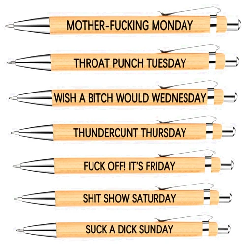 Lestp 7Pcs Funny Work Pens for Adults Funny Sarcastic Gifts Funny Bamboo Pens Swear Word Daily Pen Set Seven Days of The Week Pens The Office Gifts for Women Men Coworkers Funny Desk Accessories