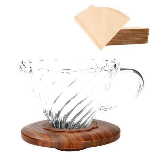 Lalord Pour Over Coffee Dripper with 100 pcs of Size 02 Paper Filter, Borosilicate Glass & Walnut Collar, Drip Coffee Maker, 1-3 Cups, Clear (Coffee Dripper)