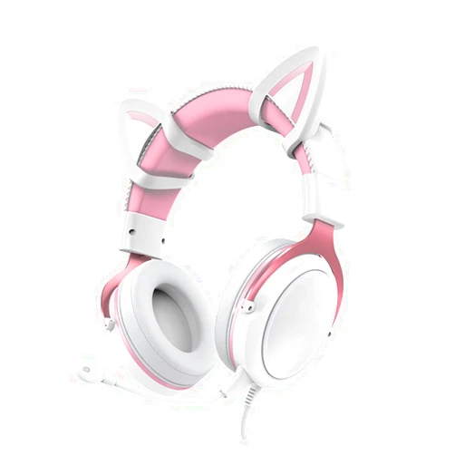 PUSOKEI Wired Gaming Headset, Noise Cancelling Over Ear Headphones with Mic, RGB Luminous, Surround Sound, Memory Foam, 3.5mm Audio Jack, for PC, /5 (White Pink with Cat Ears Decor)