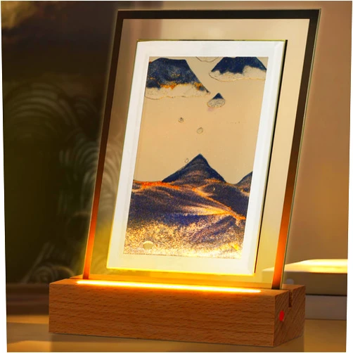 ONXE Sand Art Picture Moving, Wood Dynamic Sand Picture Sensory Light Bedside Lamp, Desktop Moving Sand Art for Home Decor Office Kids Adults Relaxing (5 inch)