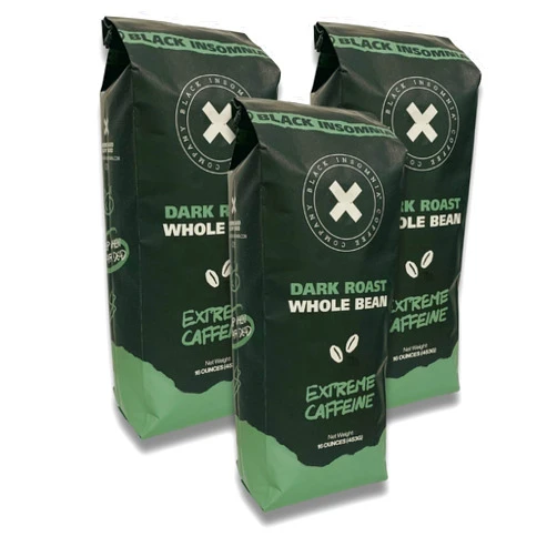 BLACK INSOMNIA COFFEE Black Insomnia Dark Roast Whole Bean Coffee - Extreme Caffeine - The Strongest Coffee in the World - 1lb Bag (Pack of 3)