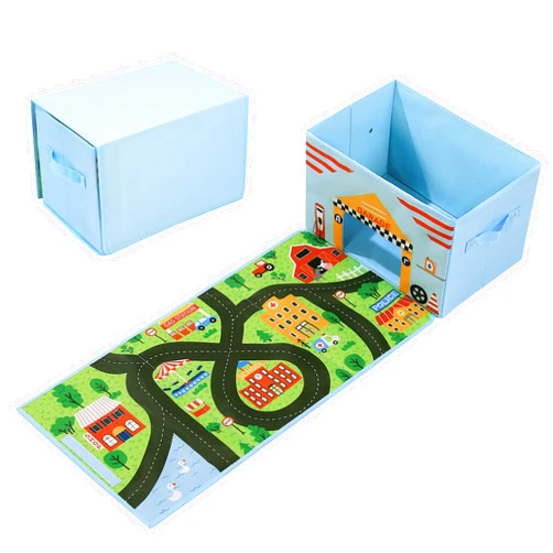 HOMBYS Toy Car Storage Box with Play Mat,Toy Car Storage Organizer with Car Mat for Kids Toy Cars,Collapsible Toy Storage Car Storage Bin(Not Included Cars) (Blue, 15