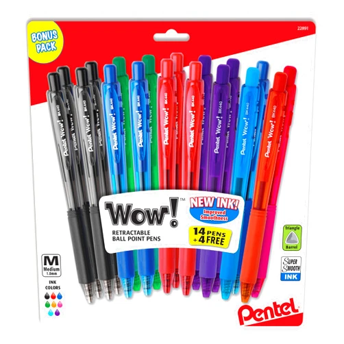 Pentel WOW! Retractable Ballpoint Pens, Medium Line, Assorted Ink Colors, 18-Pack (BK440BP18M)