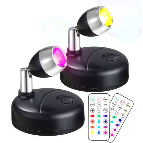 Klarlight 2 Pack Mini RGB Battery Spotlights Indoor with Remote Control Wireless LED Spot Lights Stick On Picture Light with 13 Light Colors for Cabinet Art Display Vans Party Ambience