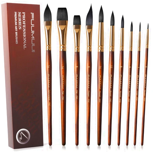 Fuumuui Watercolor Brushes Professional, Fuumuui 10Pcs Synthetic Squirrel Hair Water Color Paint Brush Set for Artists - Flat, Round Pointed, Dagger, Cats Tongue Oval Wash for Watercolor Gouache Inks Painting