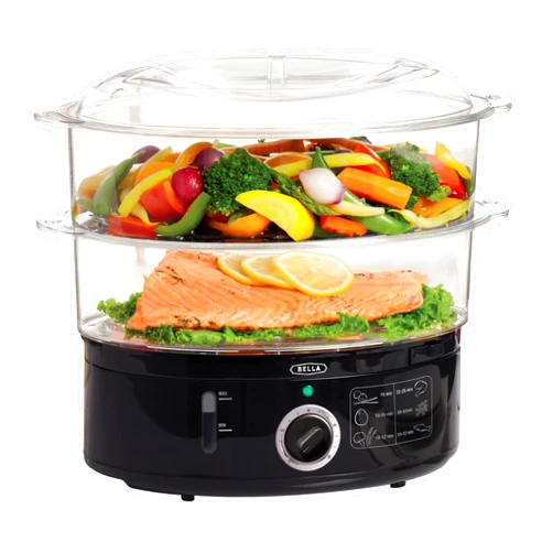 BELLA Two Tier Food Steamer with Dishwasher Safe Lids and Stackable Baskets & Removable Base for Fast Simultaneous Cooking - Auto Shutoff & Boil Dry Protection, Stainless Steel, 7.4 QT, Black