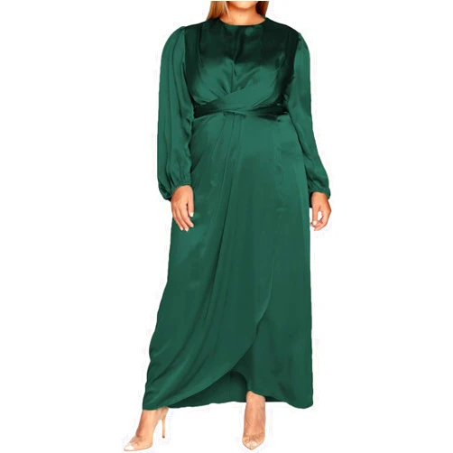 PINUPART Women's Elegant Plus Size Empire Waist Long Sleeve Satin Maxi Dress