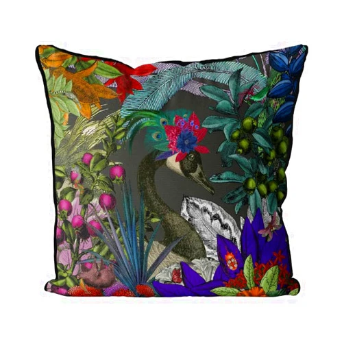 Metr Fabfunky, Glorious Plumes Bird and Floral #2, Charcoal Pillow/Cushion Cover, Zippered Base, Full Piping, 18