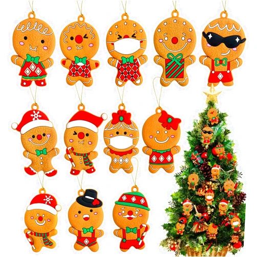 DGDFLDGC 12 Pcs Cute Gingerbread Man Ornaments, Christmas Gingerman Cookie Doll Hanging Charms with Rope, Assorted Plastic Clay Figurine Ornaments for Christmas Tree Decorations (A)