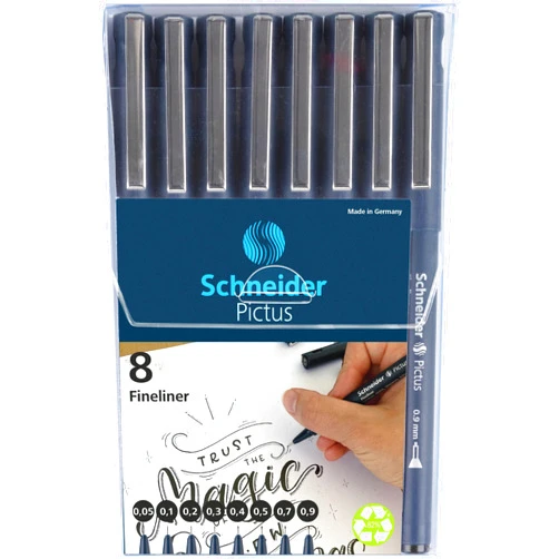 Schneider Pictus Fineliner Pens 8 Different Line Widths 0.05-0.9 mm Black Case of 8