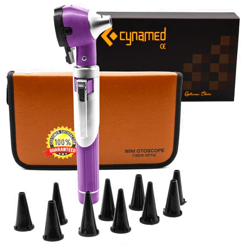 Cynamed Mini Otoscope - Portable Ear Light and Exam Kit for Home and Professional Use - 4X Magnifying Fiber Optic Scope with Spare Tips, Bulb, and Carrying Case (Purple)