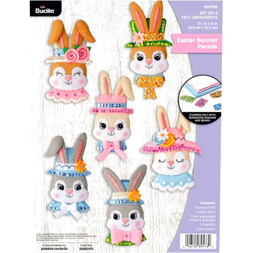 Bucilla Felt Applique 6 Piece Ornament Making Kit, Easter Bonnet Parade, Perfect for DIY Arts and Crafts, 89578E
