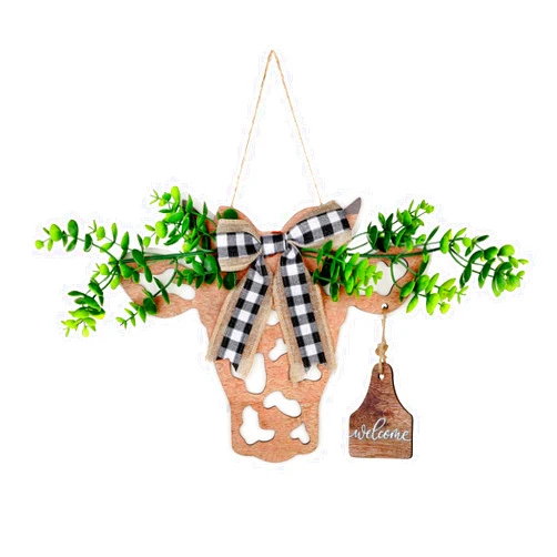 Shtain Cow Head Welcome Sign for Front Door, Wooden Buffalo Farmhouse Wall Decor with Plaid Bow and Green Artificial Leaves, Rustic Calf Front Door Hanger for Home Cafe Restaurant Wall Decorations