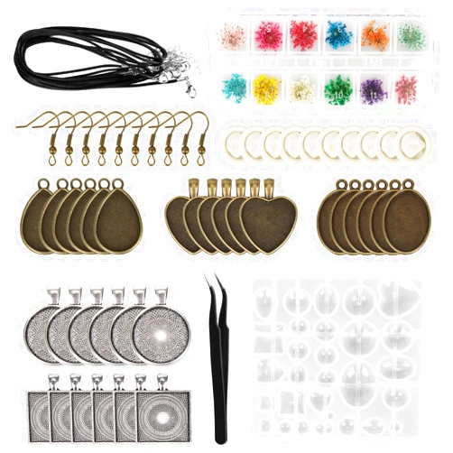 HOMEIDOL Resin Jewelry Molds Pendant Trays Making Kit with 30Pcs 5 Styles Metal Pendant, 1Pc Silicone Epoxy Molds, Earring Posts, Dried Flowers,Wax Rope Necklace, Finger Protector and Tweezers