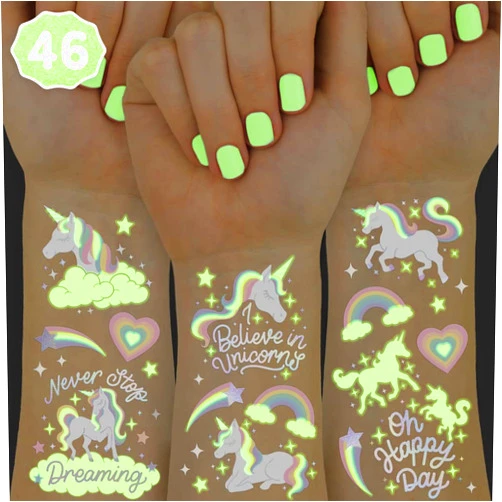 xo, Fetti Rainbow Unicorn Party Favors - Temporary Tattoos for Kids - 46 Glow In The Dark Styles | Birthday Party Supplies, Unicorn Favors Decorations, Toys + Halloween Costume