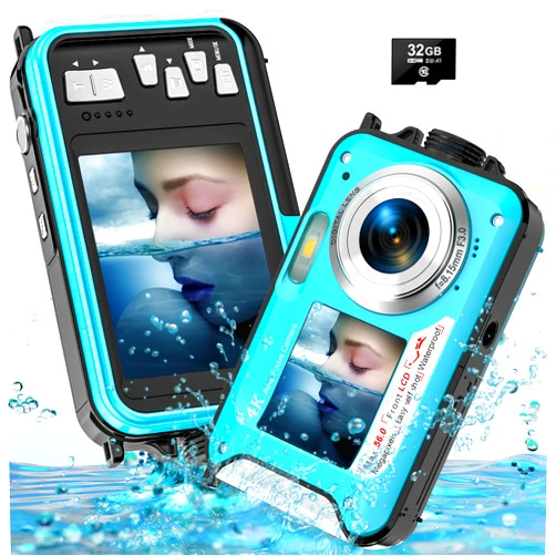 Yifecial 4K Underwater Camera 56MP Autofocus 11FT Waterproof Camera Dual-Screen Selfie 16X Underwater Camera for Snorkeling Waterproof Compact Floatable Digital Camera with 32GB Card