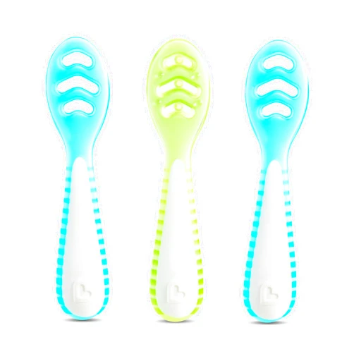 Munchkin® Gentle Dip™ Multistage First Spoon Set for Baby Led Weaning, Self Feeding, Solids & Purees, 3 Pack, Blue/Green