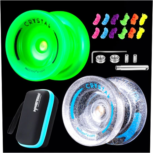 MAGICYOYO K2 Responsive Yoyo Pack of 2, Plastic Glow Yoyo + Professional Yoyo with Sequin, Dual Purpose Yoyos for Kids and Adults with Unresponsive Bearing Kit + 12 Yoyo Strings, Yoyo Storage Case