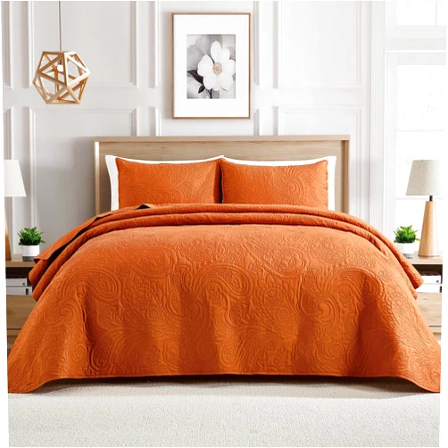 BOURINA Ultrasonic Quilt Set Bedspreads 3-Piece Bedding Set Pre-Washed Microfiber Ultra Soft Lightweight Flower Coverlet Set for All Season, King Orange
