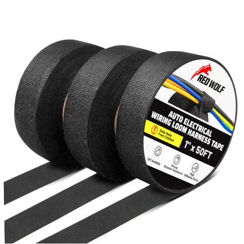 RED WOLF Electric Wiring Harness Cloth Tape 1 Inch x 50 FT 3 Rolls Wire Loom Harness Flexibility High Abrasion Resistance Adhesive for Automobile Electrical Engine Noise Dampening Insulation, Black
