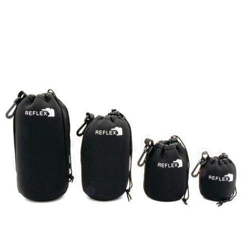 REFLEX CAMERA Drawstring Camera Lens Pouches 4 Pack (S/M/L/XL) Thick Padded Pouch Set for Maximum Protection Waterproof Shockproof Dust Resistant Neoprene Cases for Canon, Nikon, Pentax, Sony, Olympus