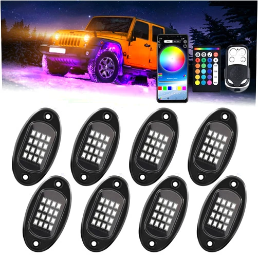 Viesyled RGB LED Rock Lights for Jeep Multicolor Neon Underglow Lighting Kit 128LEDs 8Pods Music Mode with Bluetooth APP Control ,4keys and 24keys Remote Cars Off Road Truck UTV SUV ATV  (K02) 4 keys/24keys