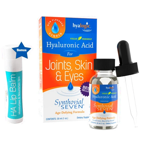 Hyalogic Liquid Synthovial Seven - Oral Hyaluronic Acid Supplement 1oz with Bonus Lip Balm HA Stick - Skin, Body and Lip Hydration