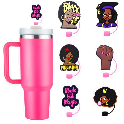 NDOJZL 6Pcs Black Girl Straw Cover Set, Straw Covers Cap for Stanley Cup, Cute Silicone Straw Topper for 10mm Drinking Straw Tip Covers Stanley Cup Accessories