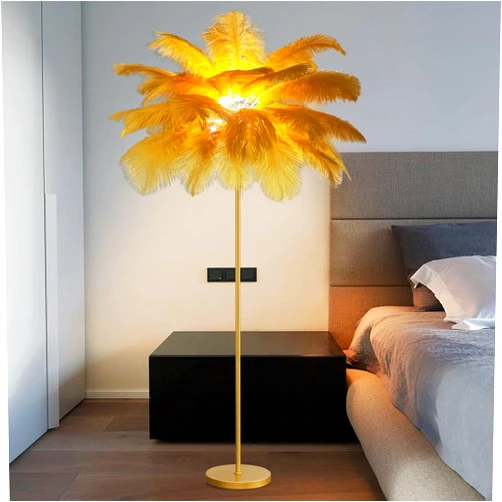 TBTBGXQ Ostrich Feather Floor Lamp, 6 x LED Bulbs Included with Elegant Ostrich Feather Tall Lamps Floor Lamps for Living Room Bright Lighting,Khaki,Large