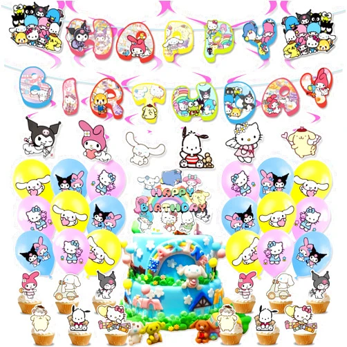 Rondlaho Kawaii Cat and Friend Birthday Decorations Party Supplies Cat Theme Party Favor Include Happy Birthday Banner, Cake Topper, Balloons, Cupcake Toppers