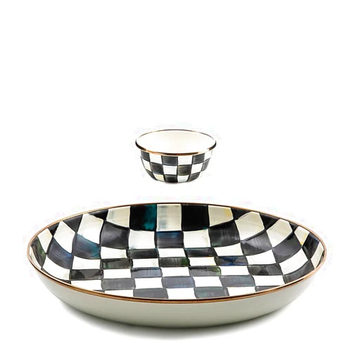 MACKENZIE-CHILDS MACKENZIE CHILDS Chip-and-Dip Serving Set, Abundant Bowl and Pinch Bowl Set, Black-and-White Courtly Check