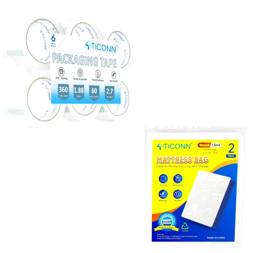 TICONN 2PK Plastic Mattress Bag 1.5mil Queen + 6 Pack Packing Tape