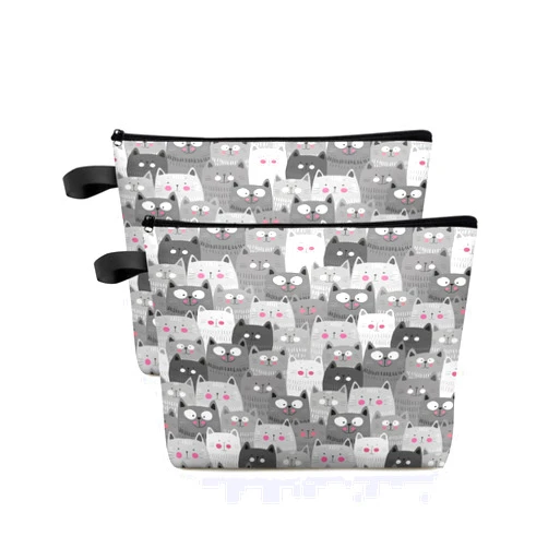 Singingin Cosmetic Bag for Women, Cartoon Cute Gray Cat Pattern Makeup Bag Travel Cosmetic Bag With Zipper Water Resistant Small Toiletry Purse Polyester Makeup Bags for Girls Gift, 2 Pack