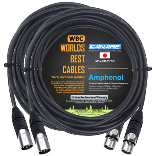 WORLDS BEST CABLES 2 Units - 20 Foot - Canare L-4E6S, Star Quad Balanced Male to Female Microphone Cables with Amphenol AX3M & AX3F Silver XLR Connectors CUSTOM MADE