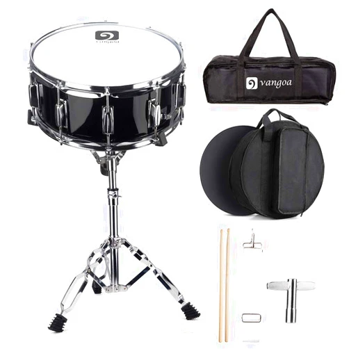 Vangoa Snare Drum Set for Kids Students Beginners Kit, 14 Inch, 10 Lugs, Wooden Shell with Case, Gig Bag, Practice Pad, Drum Stand, Sticks, Tuning Key, Strap, Mute Pad, Black