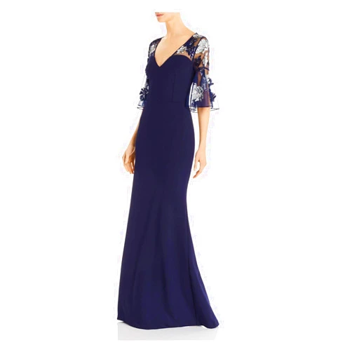 Aidan Mattox Womens Navy Stretch Embellished Beaded Flutter Sleeve V Neck Full-Length Evening Sheath Dress 10