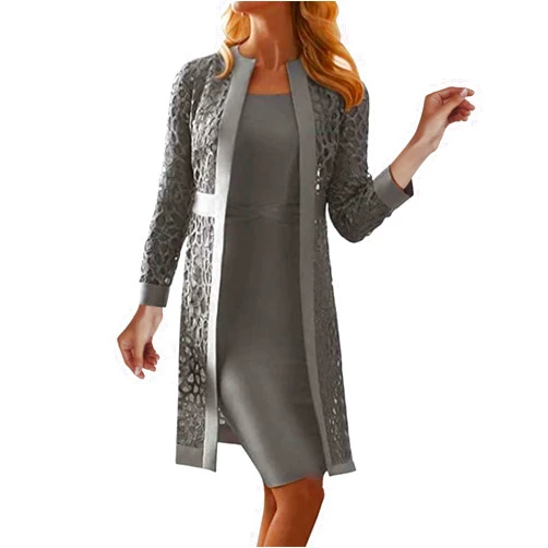 Generic Summer Dresses for Women 2024 Trendy New Lace Cardigan Solid Color Dress Jacket Two Set Plus Size Chiffon (Grey, M), Medium